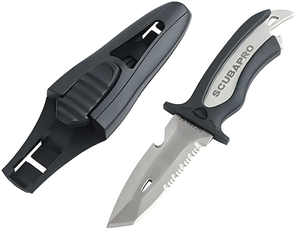 Mako dive knife by Scubapro, equipped with a serrated blade meant  to tackle thicker ropes with ease.