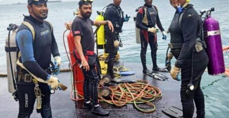 From left: Christopher Boodram, Kazim Ali Jr, Yusuf Henry, Rishi Nagassar and Fyzal Kurban. Only Boodram would survive the pipeline dive later that same day